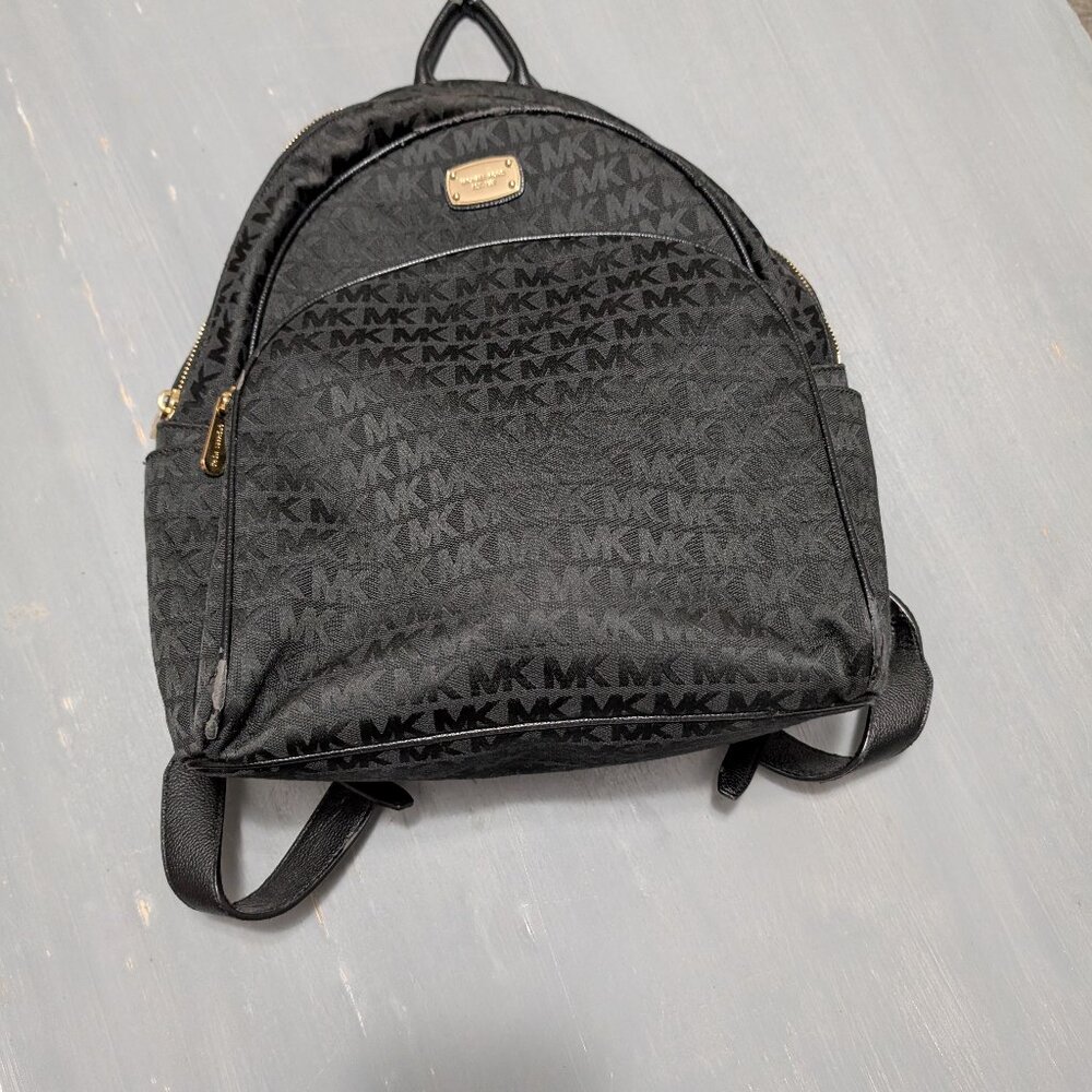 Michael Kors Black Monogram Backpack Gold Hardware MK Logo Abbey Medium